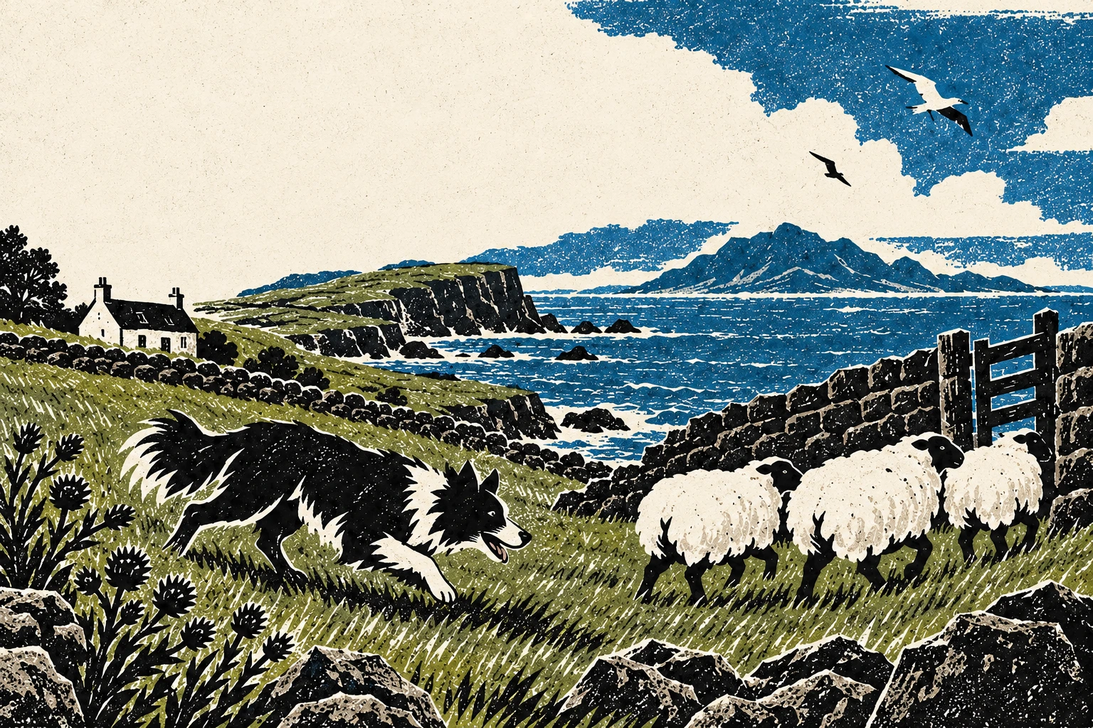 Woodcut illustration of a whole black-and-white border collie herding three sheep through a moss-green coastal meadow, with blue sea and Scottish mountains beyond.